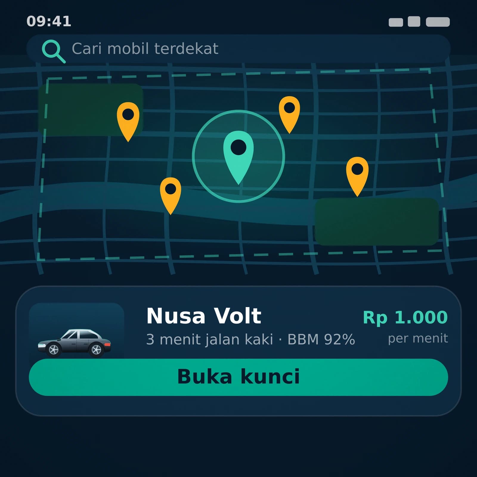 Layar aplikasi NusaDrive menampilkan mobil terdekat di peta